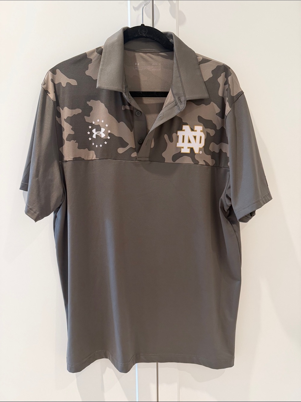 Under Armour Men's Olive Gray Camo Polo with Notre Dame Logo